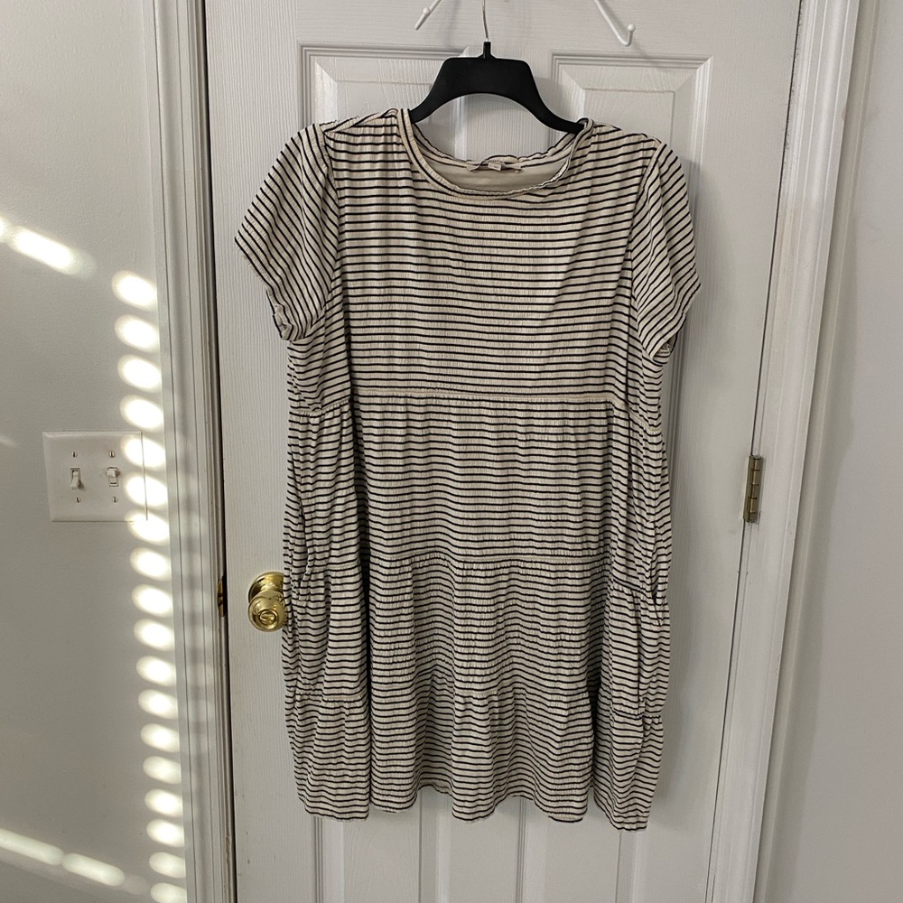 LOFT Black and Cream Striped Tee Dress